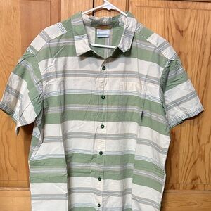 Columbia Men's Green and White Striped Button-Down Shirt